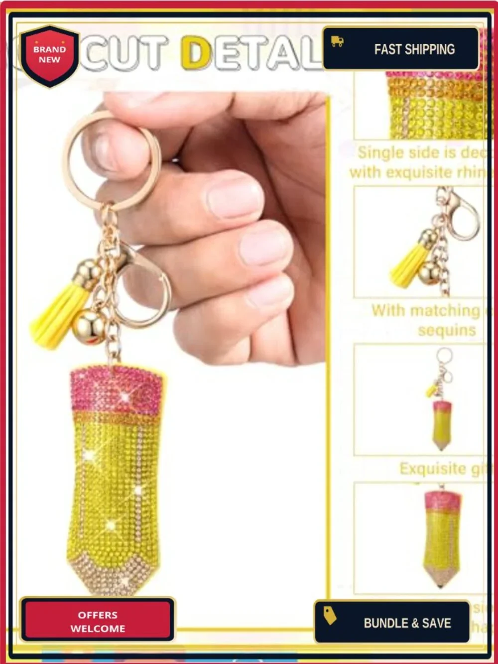 Set of 12 Rhinestone Pencil Keychains Stainless Steel Purse Charm